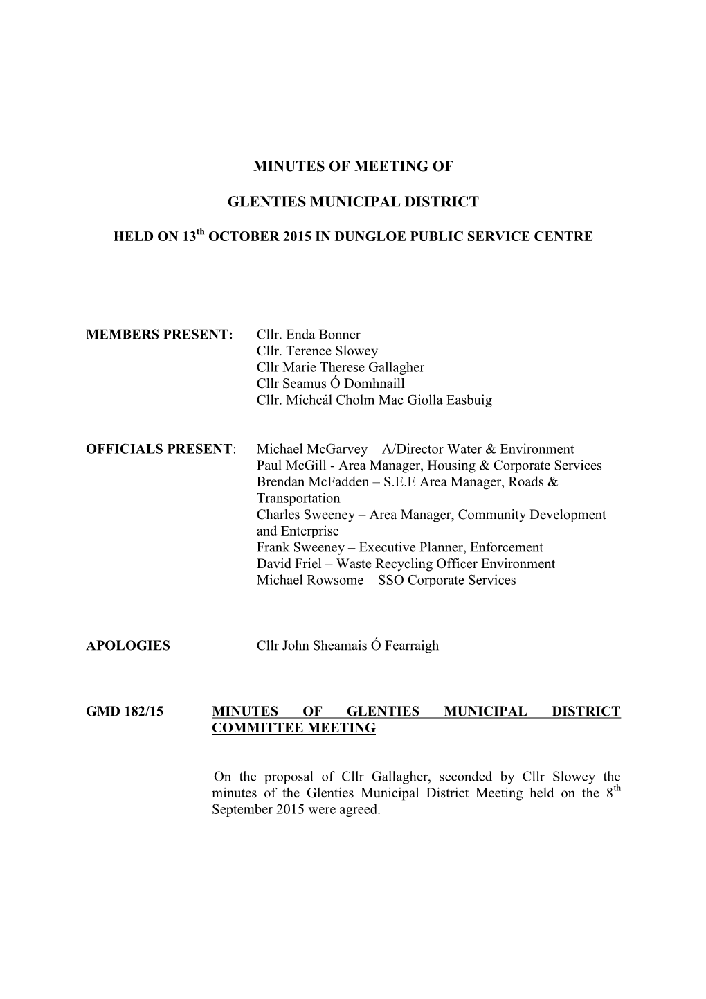 Minutes of Meeting of Glenties Municipal District