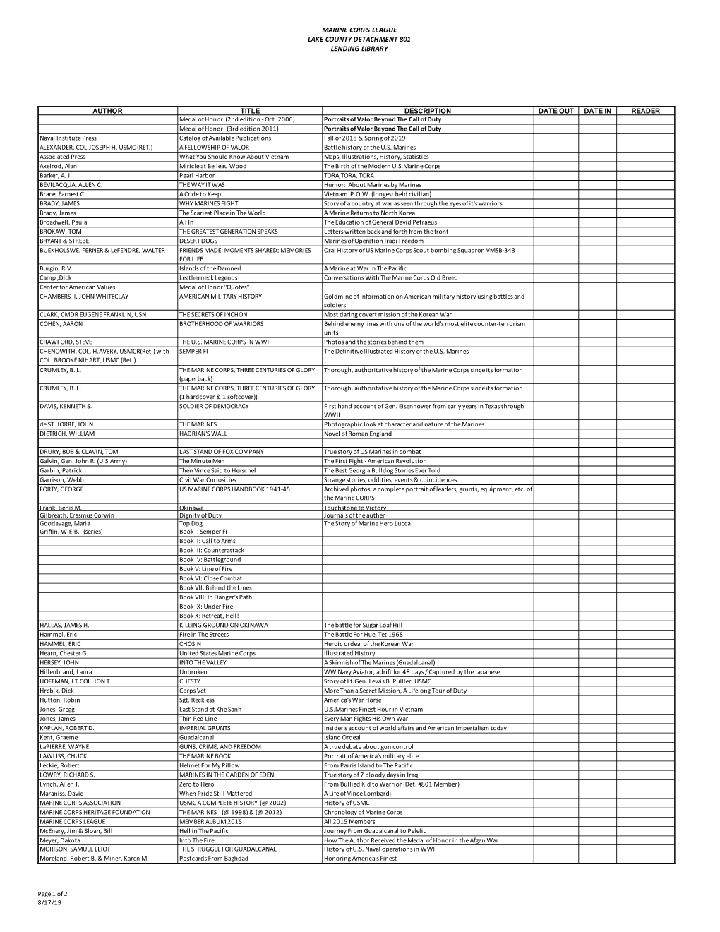 Marine Corps League Library Index