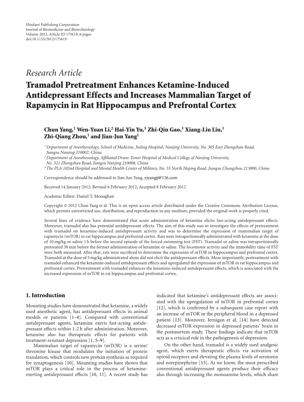 Tramadol Pretreatment Enhances Ketamine-Induced Antidepressant Effects and Increases Mammalian Target of Rapamycin in Rat Hippocampus and Prefrontal Cortex