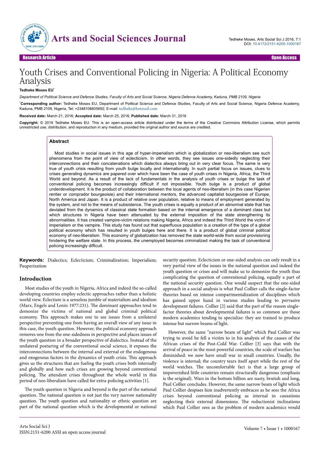 Youth Crises and Conventional Policing in Nigeria: a Political