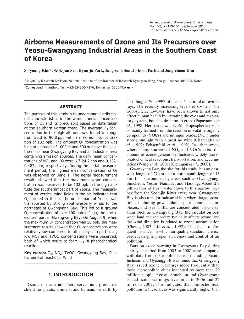 Airborne Measurements of Ozone and Its Precursors Over Yeosu-Gwangyang Industrial Areas in the Southern Coast of Korea