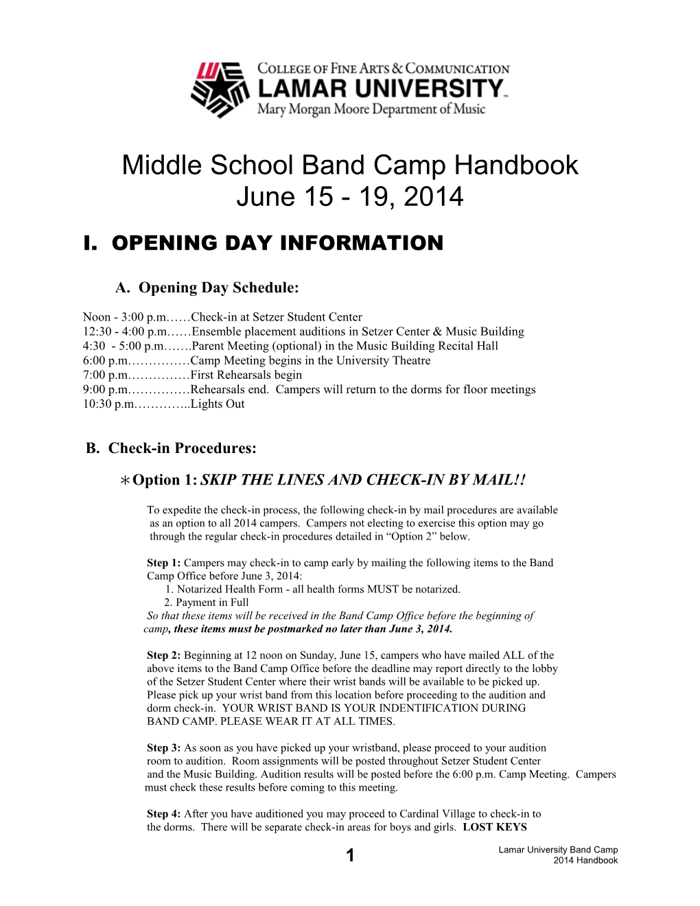 Middle School Band Camp Handbook