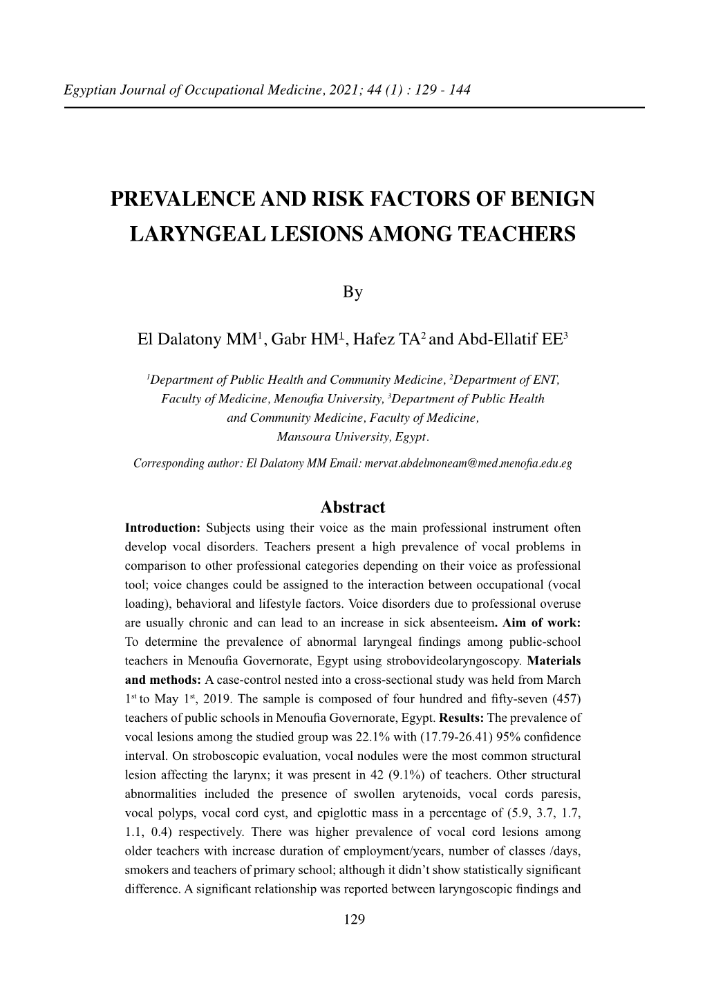 Prevalence and Risk Factors of Benign Laryngeal Lesions Among Teachers