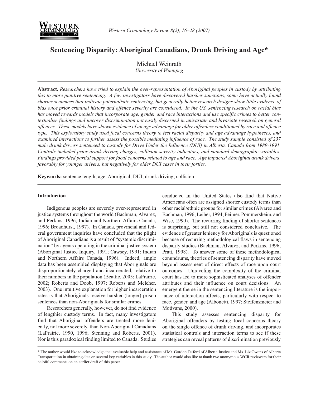 Sentencing Disparity: Aboriginal Canadians, Drunk Driving and Age*