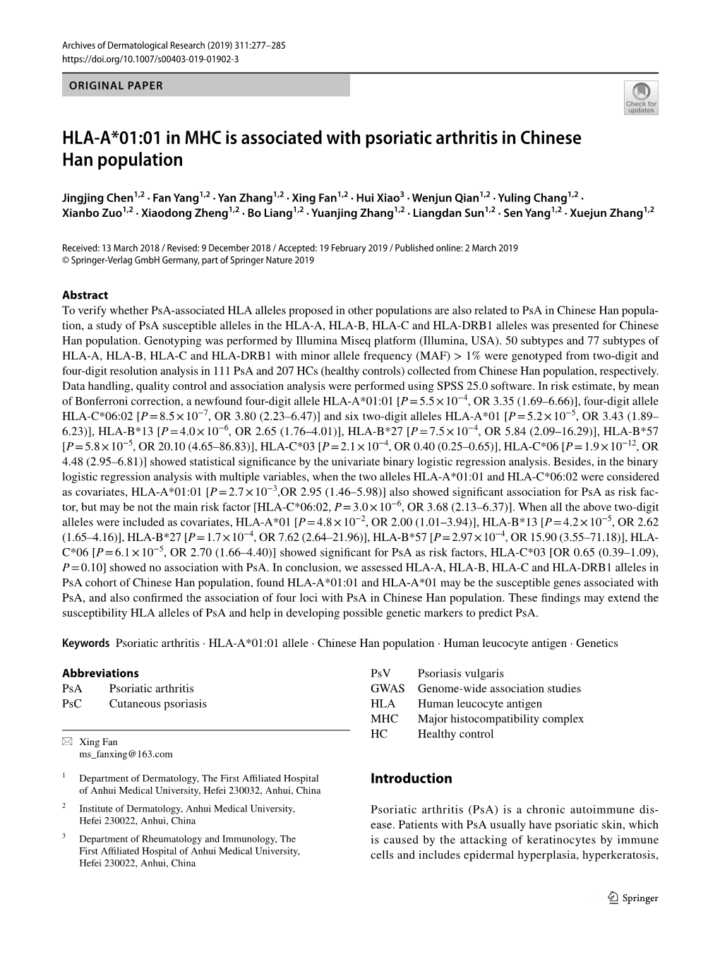 HLA-A*01:01 in MHC Is Associated with Psoriatic Arthritis in Chinese Han Population