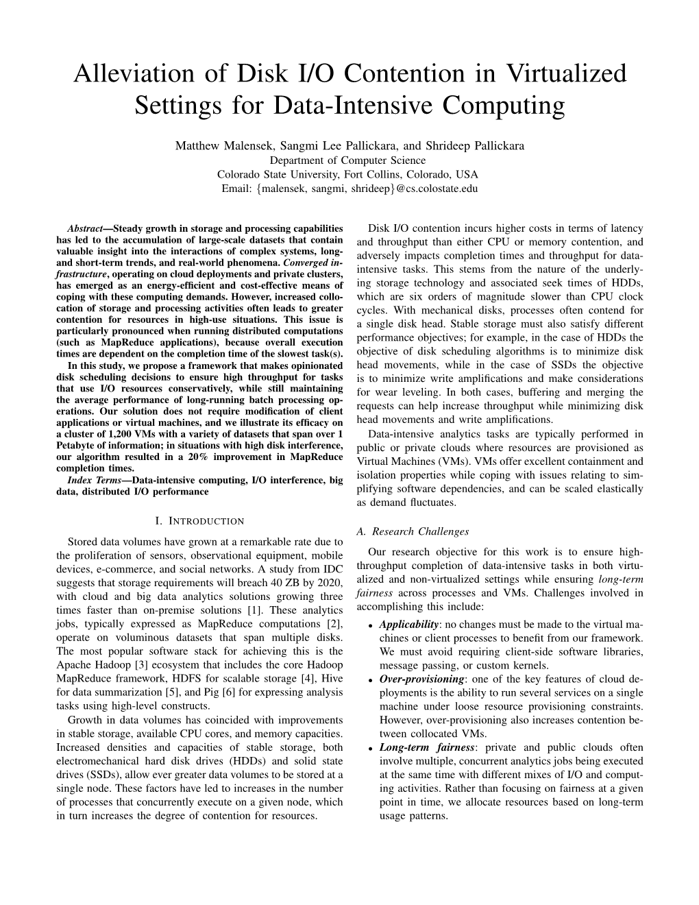 Alleviation of Disk I/O Contention in Virtualized Settings for Data-Intensive Computing