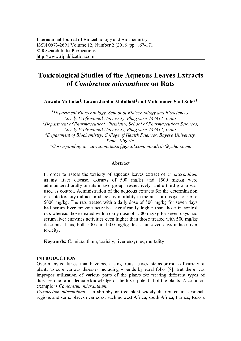 Toxicological Studies of the Aqueous Leaves Extracts of Combretum Micranthum on Rats