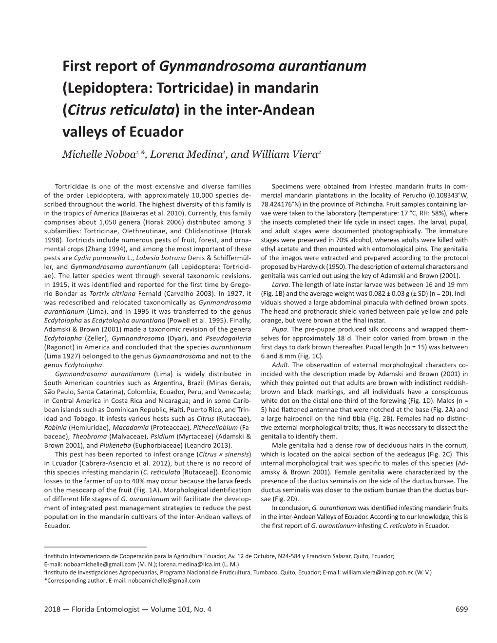 (Lepidoptera: Tortricidae) in Mandarin (Citrus Reticulata) in the Inter-Andean Valleys of Ecuador