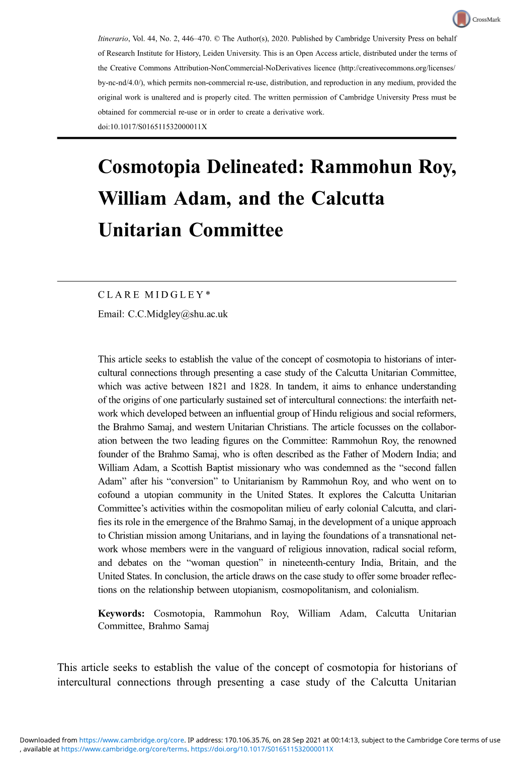 Cosmotopia Delineated: Rammohun Roy, William Adam, and the Calcutta Unitarian Committee