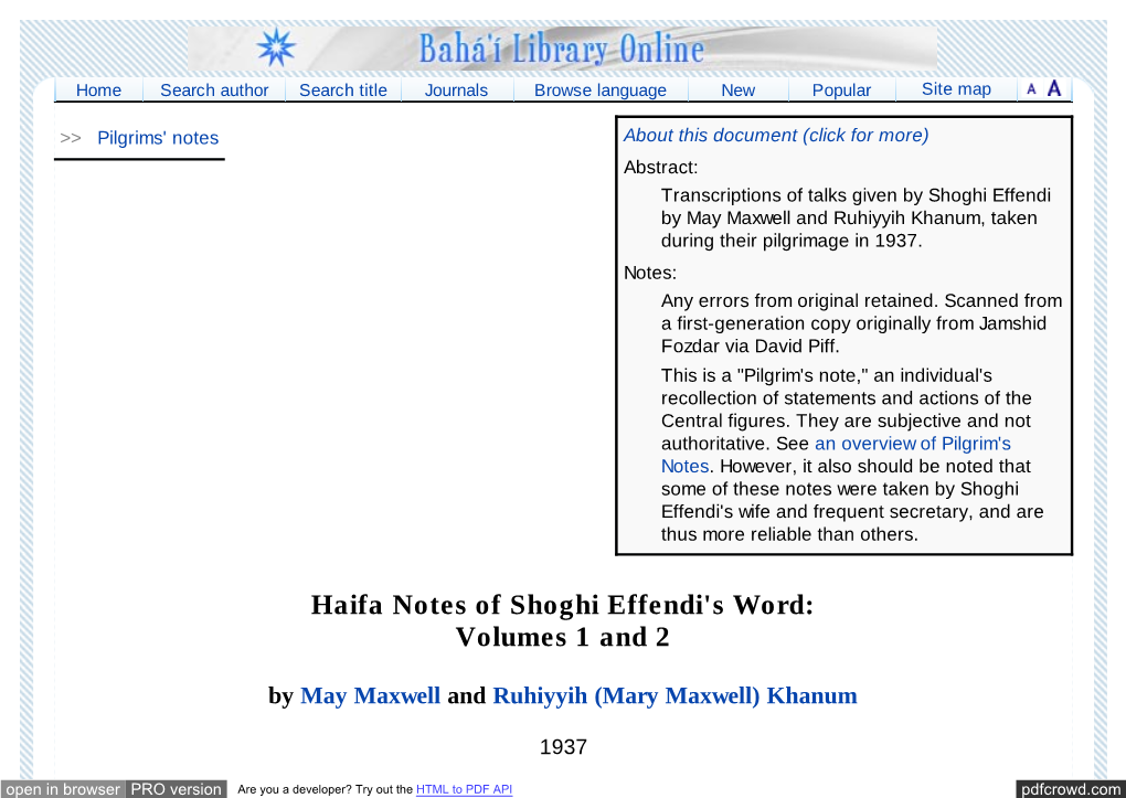 Haifa Notes of Shoghi Effendi's Word: Volumes 1 and 2