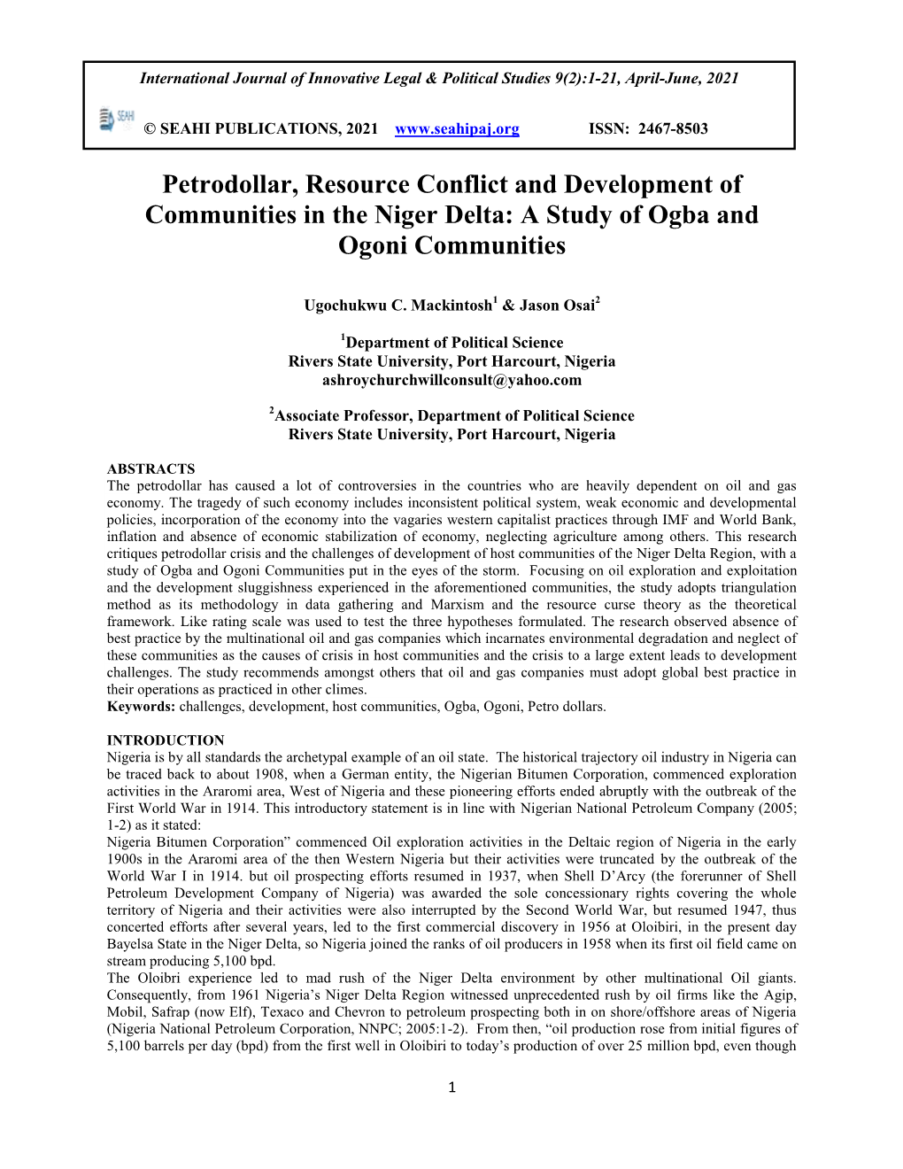 Petrodollar, Resource Conflict and Development of Communities in the Niger Delta: a Study of Ogba and Ogoni Communities