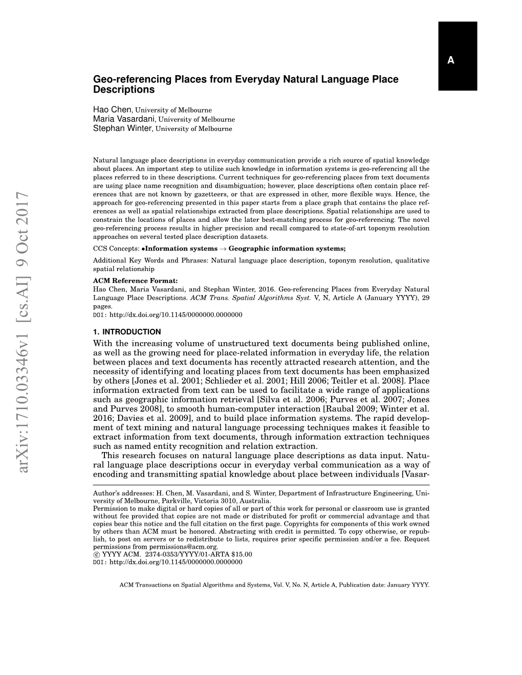 Arxiv:1710.03346V1 [Cs.AI] 9 Oct 2017 Encoding and Transmitting Spatial Knowledge About Place Between Individuals [Vasar