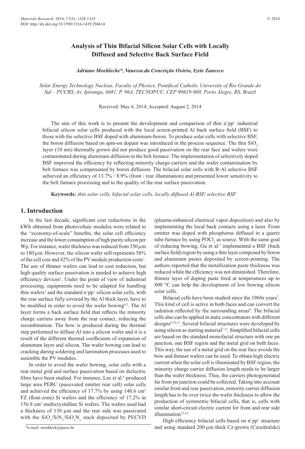 1. Introduction Analysis of Thin Bifacial Silicon Solar Cells with Locally