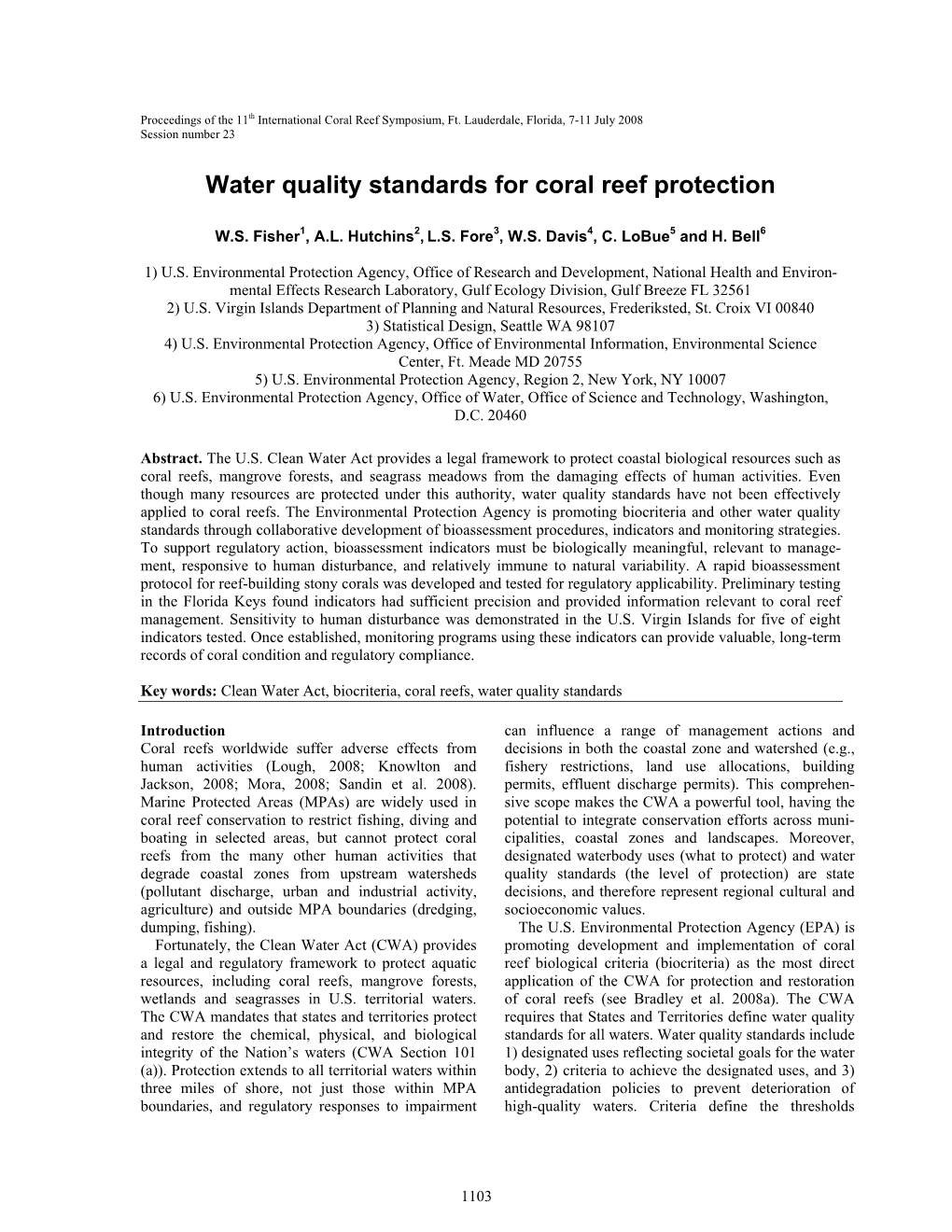 Water Quality Standards for Coral Reef Protection