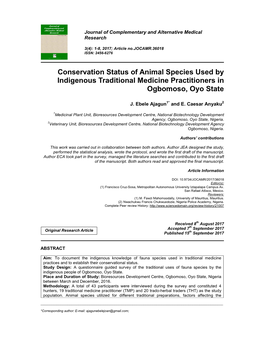 Conservation Status of Animal Species Used by Indigenous Traditional Medicine Practitioners in Ogbomoso, Oyo State