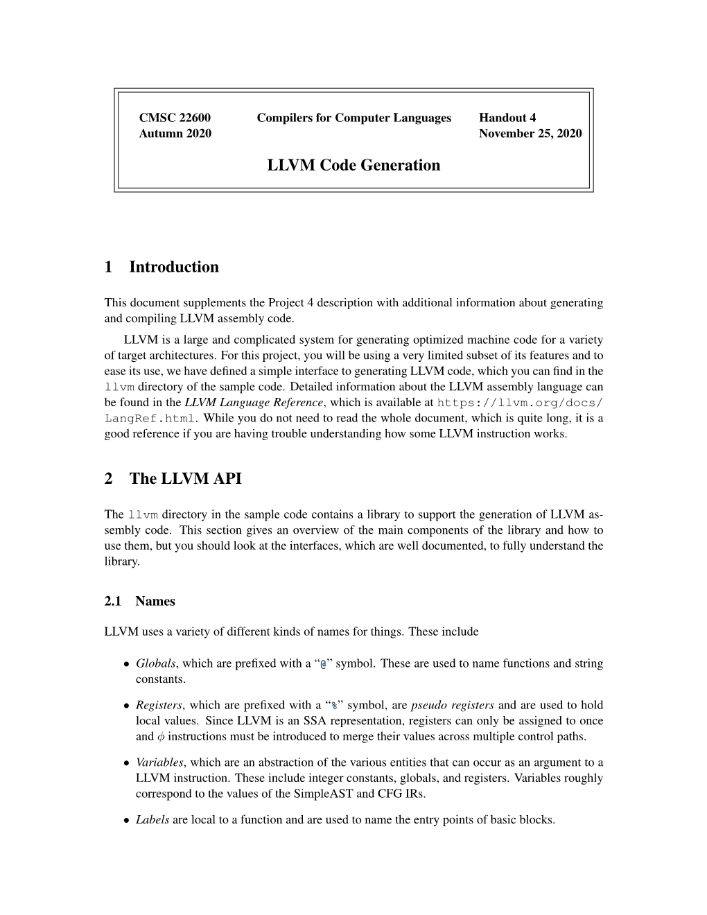 LLVM Code Generation 1 Introduction