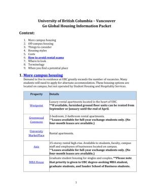 Vancouver Go Global Housing Information Packet Content
