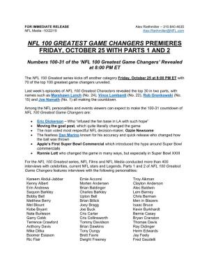 Nfl 100 Greatest Game Changers Premieres Friday, October 25 with Parts 1 and 2