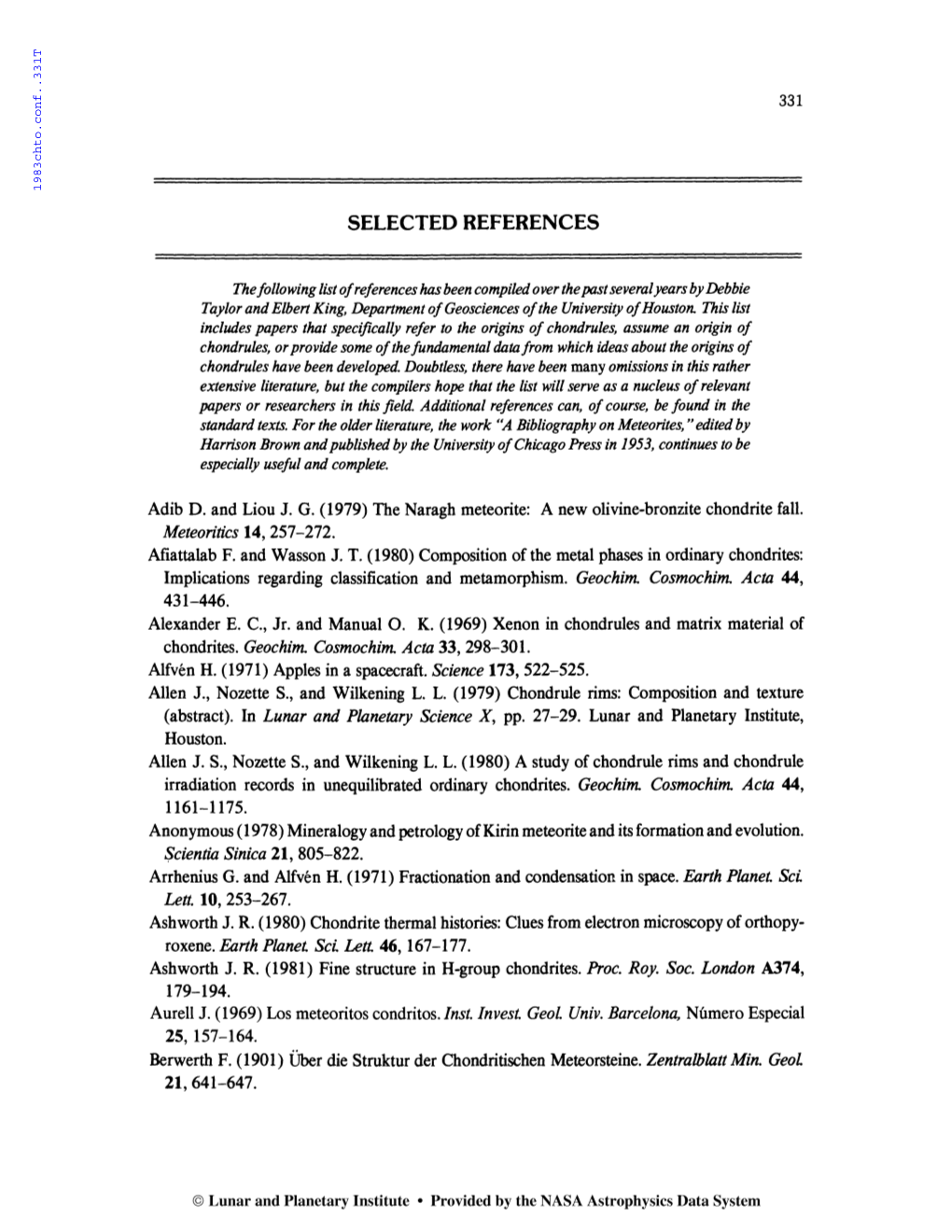 Chondrules and Their Origins. Selected References