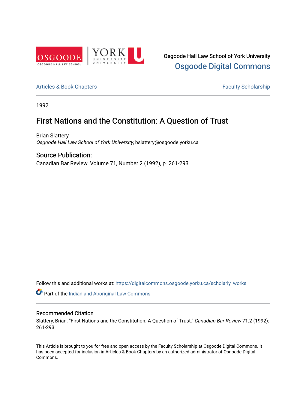 First Nations and the Constitution: a Question of Trust