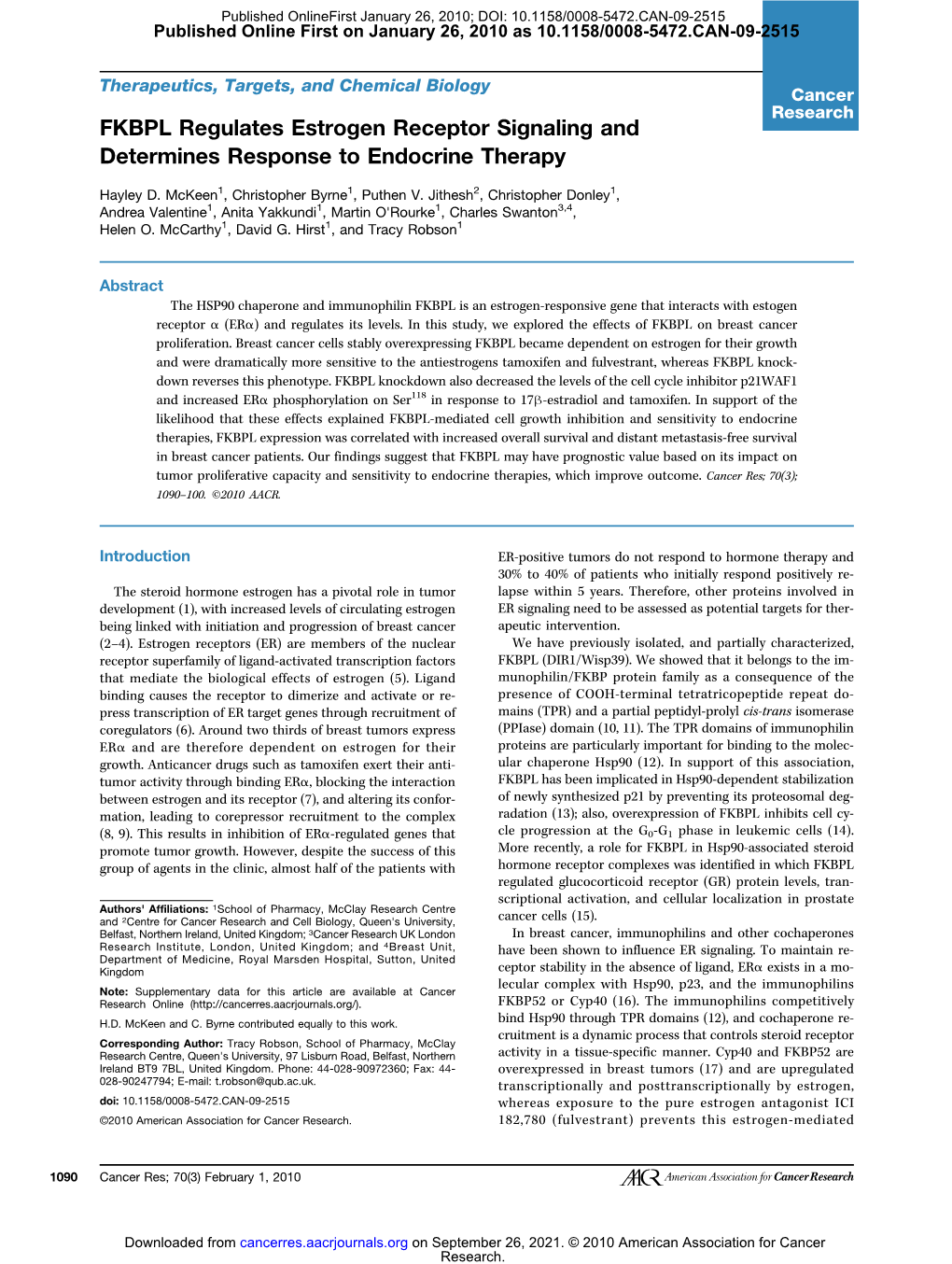 FKBPL Regulates Estrogen Receptor Signaling and Determines Response to Endocrine Therapy