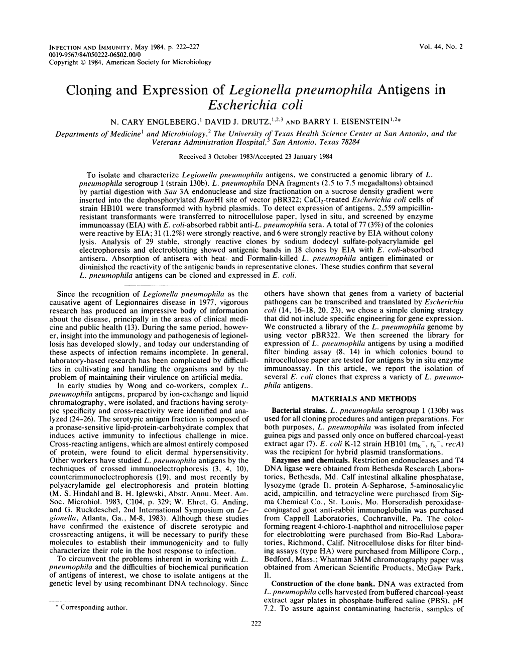 Cloning and Expression of Legionella Pneumophila Antigens in Escherichia Coli N