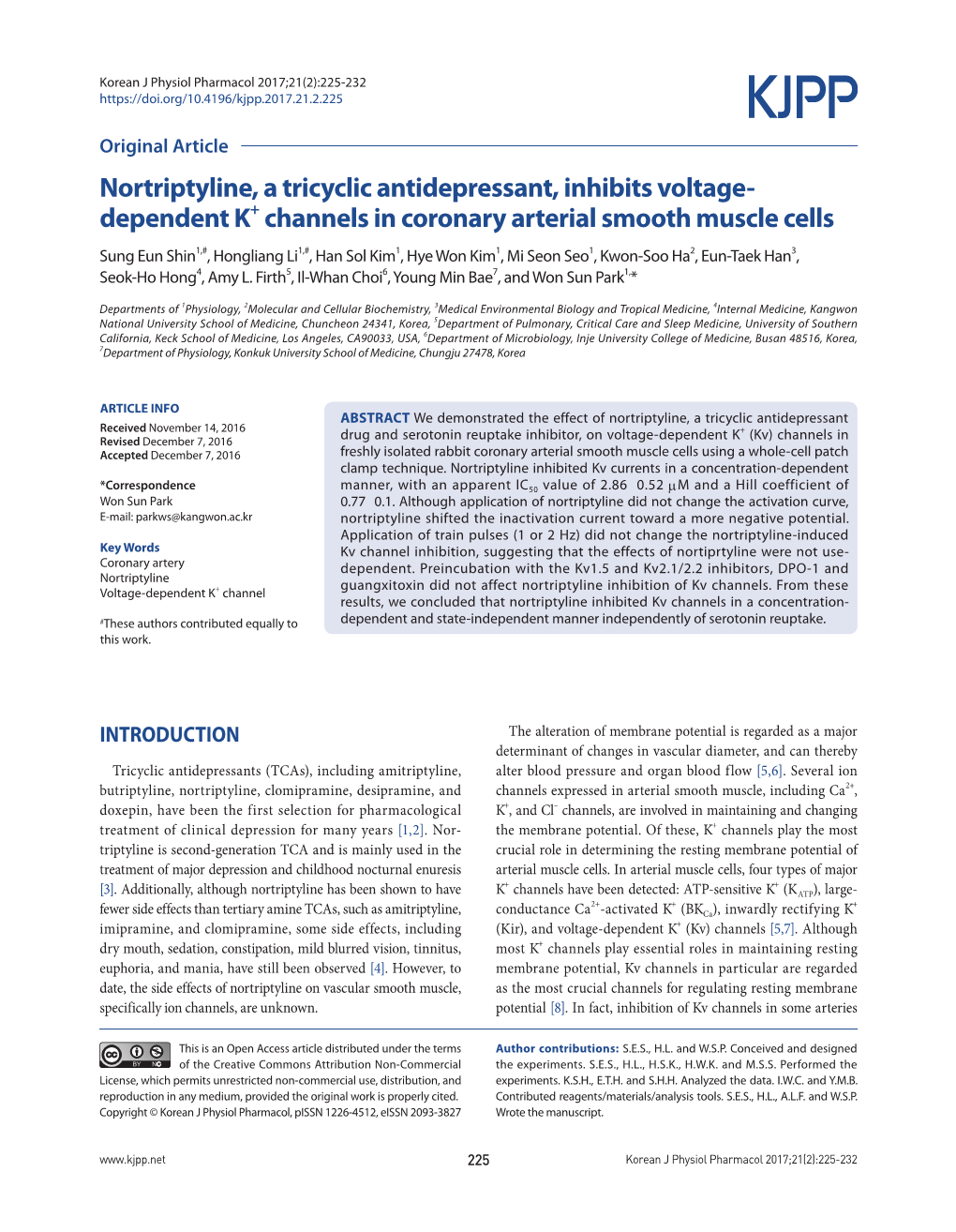 Nortriptyline, a Tricyclic Antidepressant, Inhibits Voltage- Dependent K+ Channels in Coronary Arterial Smooth Muscle Cells