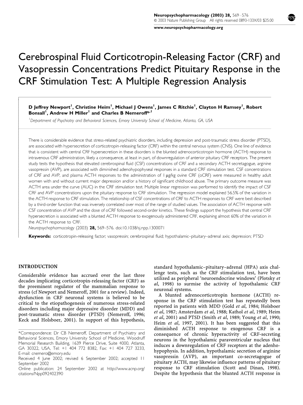 Cerebrospinal Fluid Corticotropin-Releasing Factor (CRF)