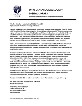 OHIO GENEALOGICAL SOCIETY DIGITAL LIBRARY Providing Digital Resources to Our Members Worldwide