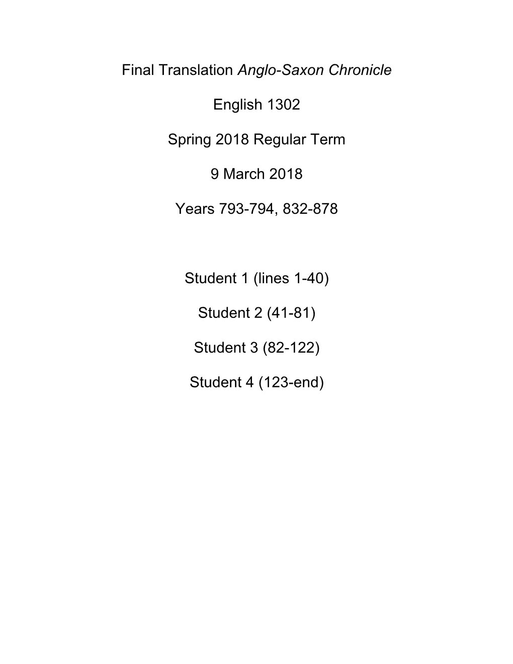 Final Translation Anglo-Saxon Chronicle English 1302 Spring