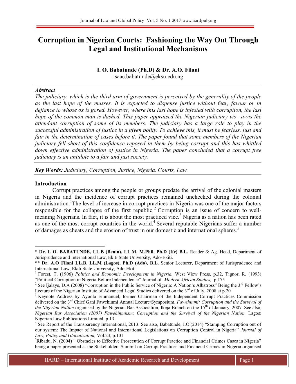 Corruption in Nigerian Courts: Fashioning the Way out Through Legal and Institutional Mechanisms