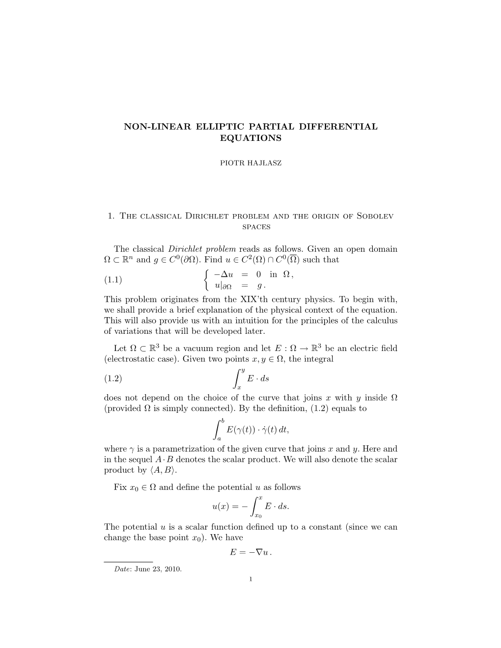 NON-LINEAR ELLIPTIC PARTIAL DIFFERENTIAL EQUATIONS 1. The