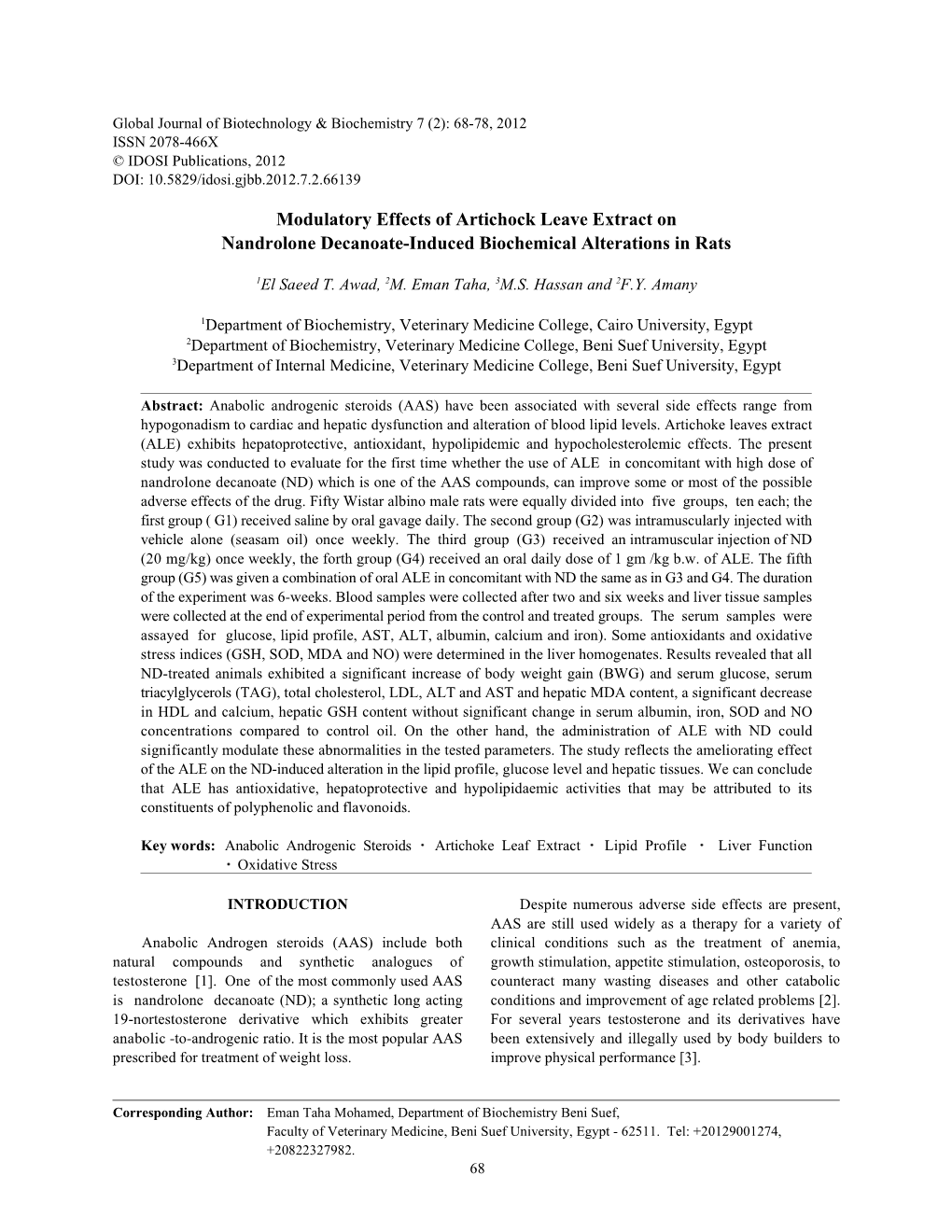 Modulatory Effects of Artichock Leave Extract on Nandrolone Decanoate-Induced Biochemical Alterations in Rats