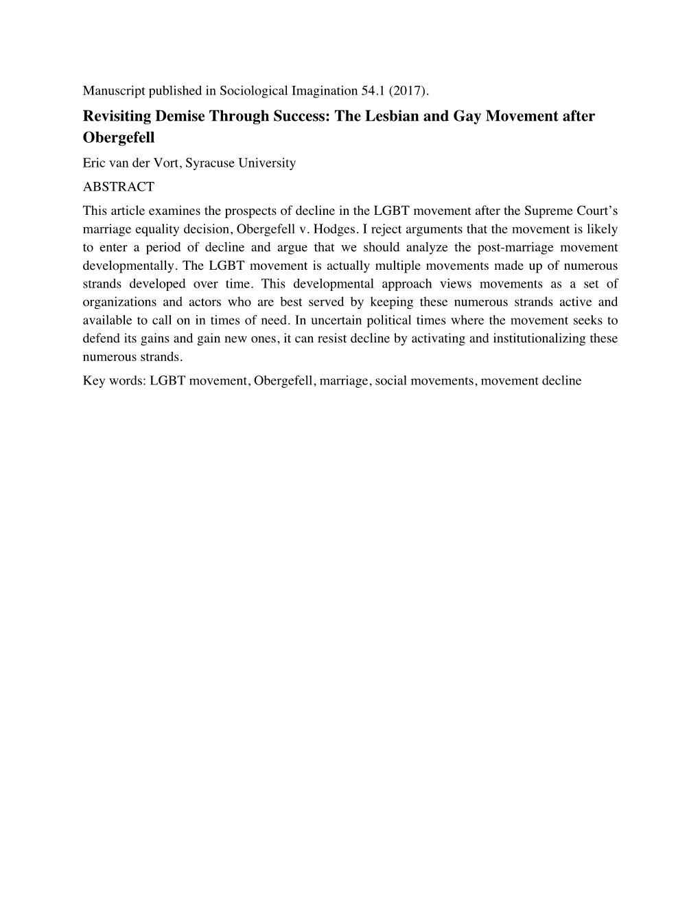 Revisiting Demise Through Success: the Lesbian and Gay Movement After Obergefell