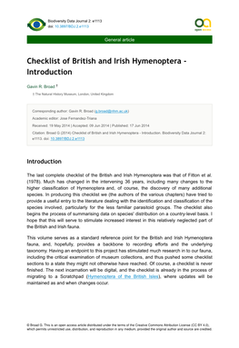 Checklist of British and Irish Hymenoptera - Introduction