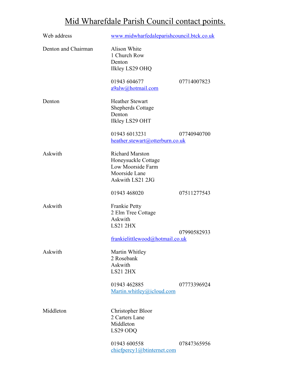 Mid Wharefdale Parish Council Contact Points