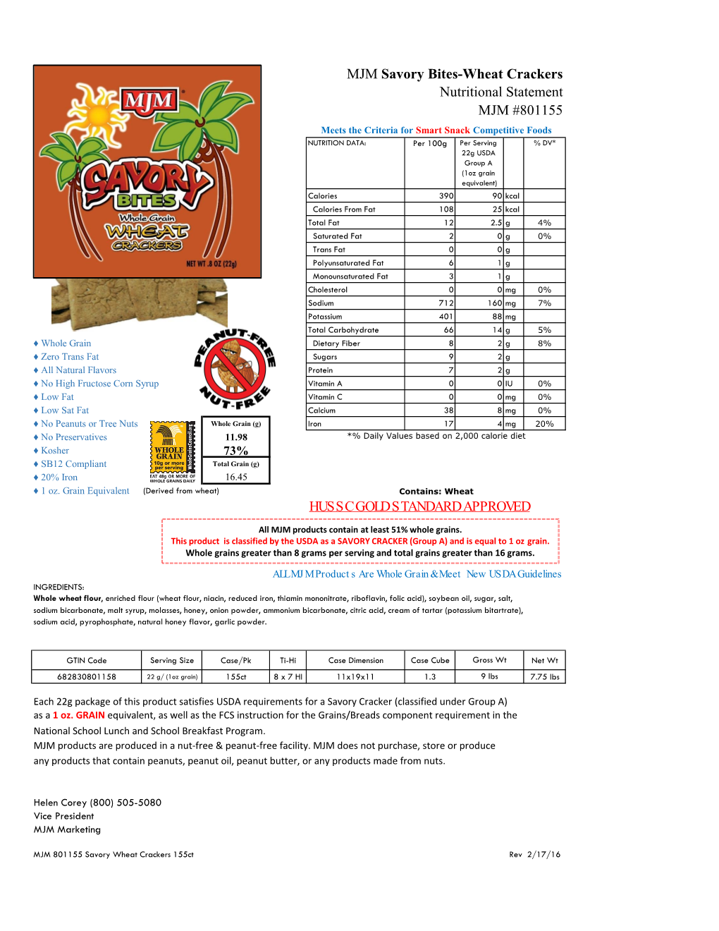 MJM Savory Bites-Wheat Crackers Nutritional Statement MJM #801155