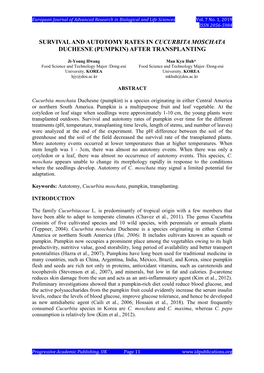 Survival and Autotomy Rates in Cucurbita Moschata Duchesne (Pumpkin) After Transplanting