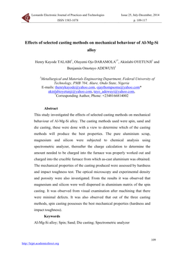 Effects of Selected Casting Methods on Mechanical Behaviour of Al-Mg-Si Alloy