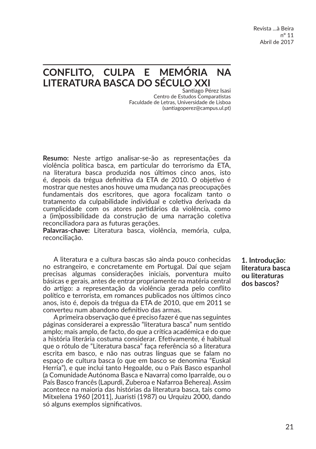 Conflito, Culpa E Memória Na Literatura Basca Do Século