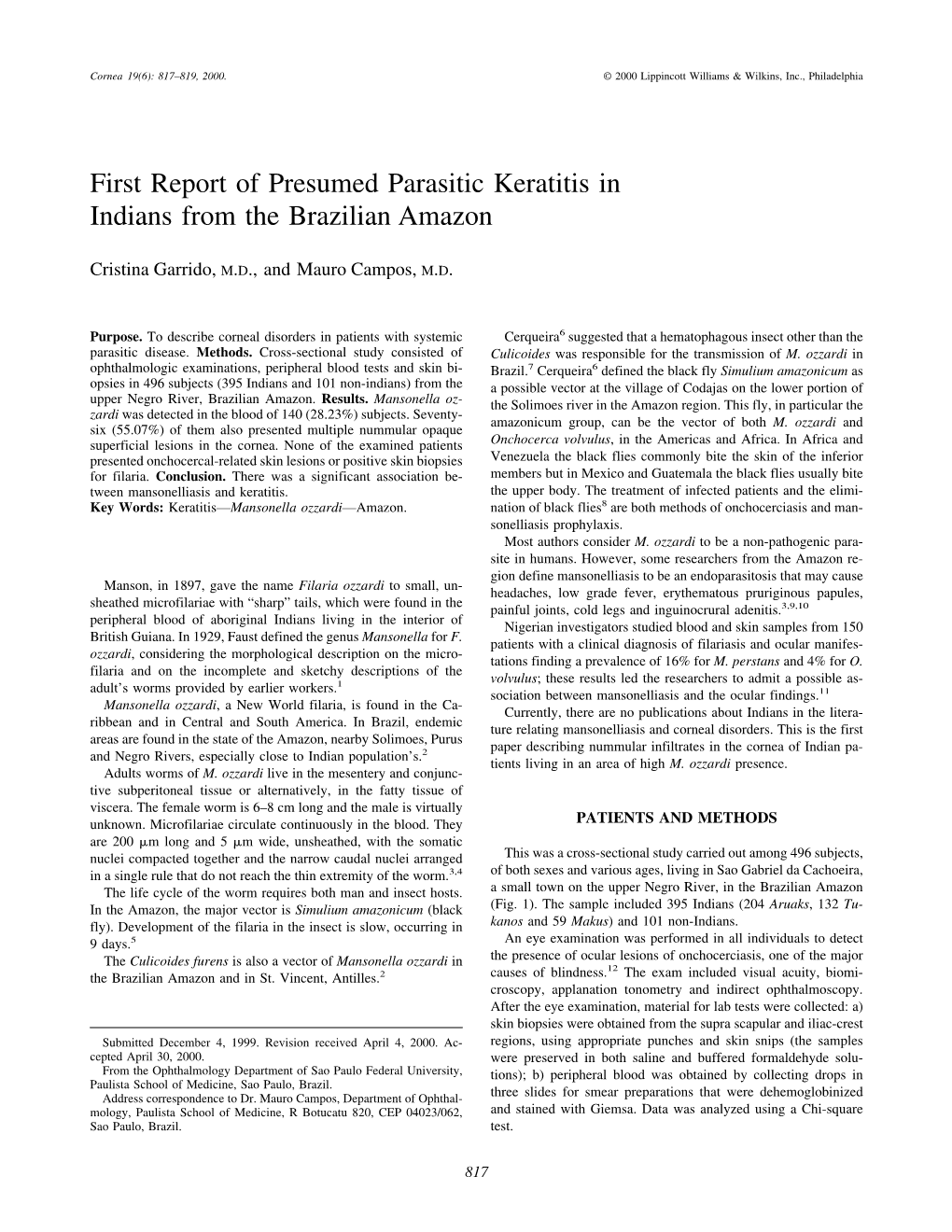 First Report of Presumed Parasitic Keratitis in Indians from the Brazilian Amazon