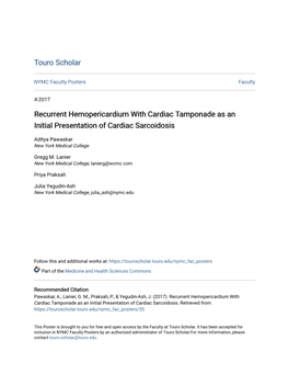 Recurrent Hemopericardium with Cardiac Tamponade As an Initial Presentation of Cardiac Sarcoidosis