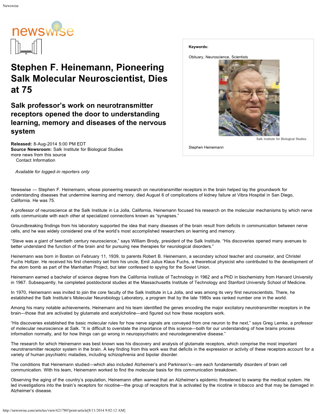 Stephen F. Heinemann Obituary