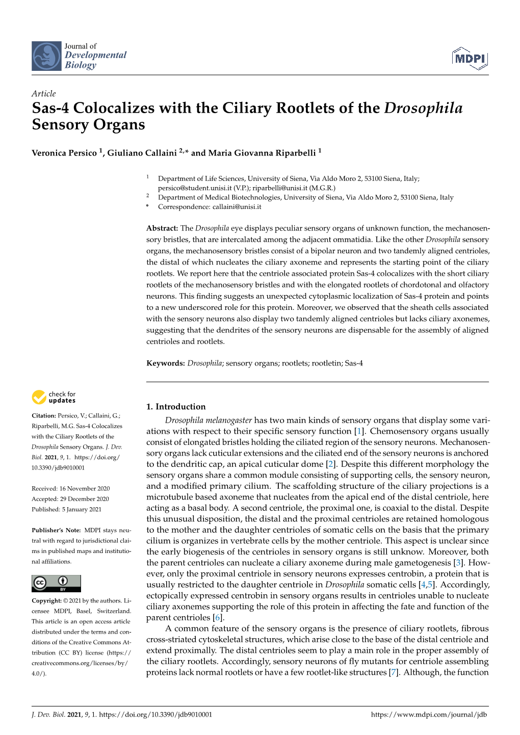 Sas-4 Colocalizes with the Ciliary Rootlets of the Drosophila Sensory Organs