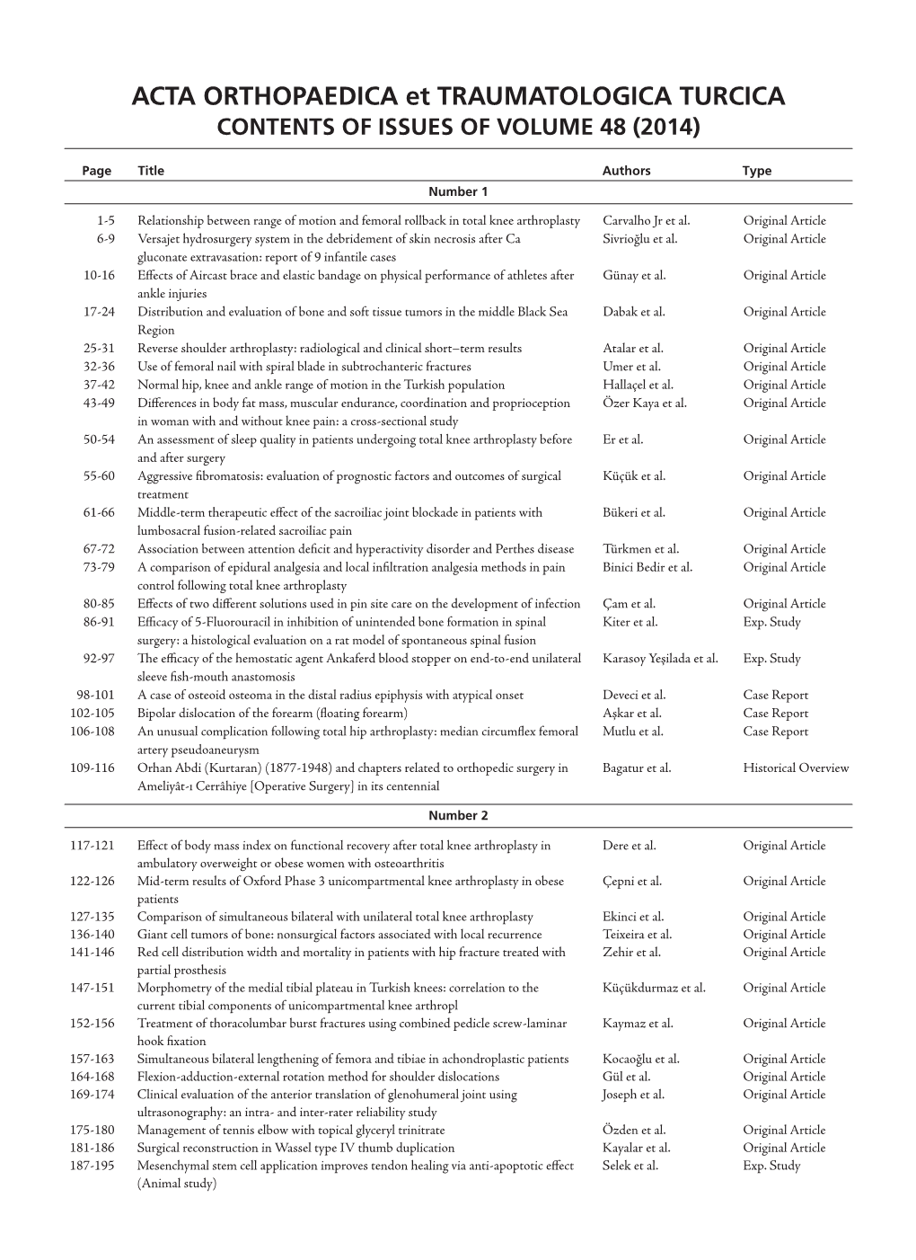 ACTA ORTHOPAEDICA Et TRAUMATOLOGICA TURCICA CONTENTS of ISSUES of VOLUME 48 (2014)