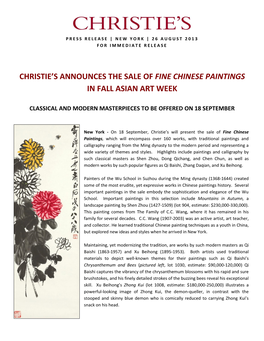 Christie's Announces the Sale of Fine Chinese Paintings in Fall Asian Art Week