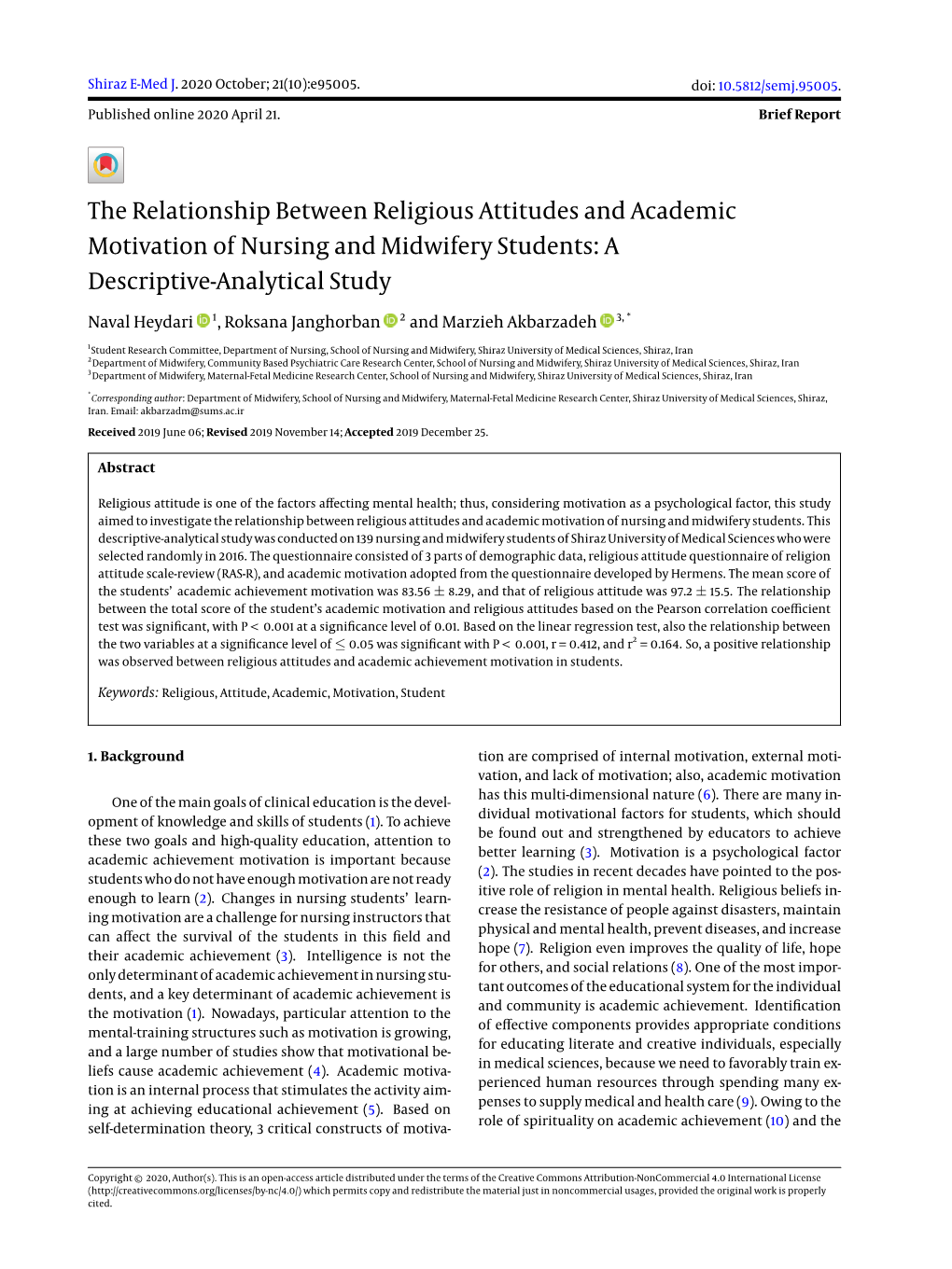 The Relationship Between Religious Attitudes and Academic Motivation of Nursing and Midwifery Students: a Descriptive-Analytical Study