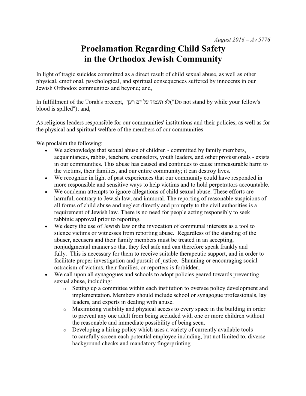 Proclamation Regarding Child Safety in the Orthodox Jewish Community