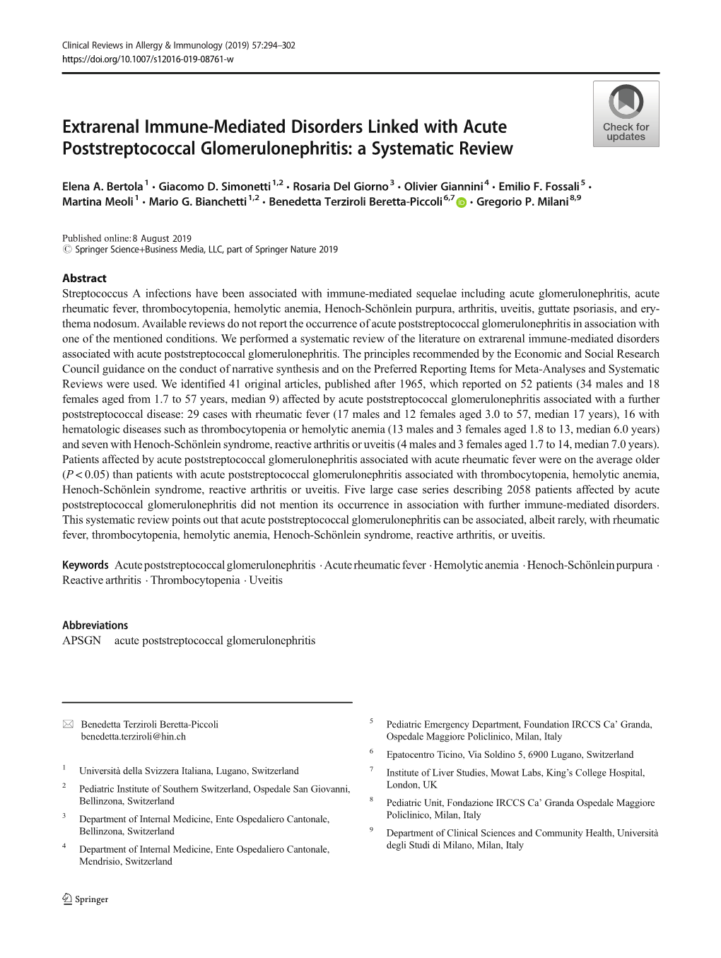 Extrarenal Immune-Mediated Disorders Linked with Acute Poststreptococcal Glomerulonephritis: a Systematic Review