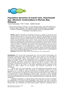 Population Dynamics of Marsh Clam, Polymesoda Spp. (Bivalvia: Corbiculidae) in Marudu Bay, Malaysia 1Julian Ransangan, 2Tan K